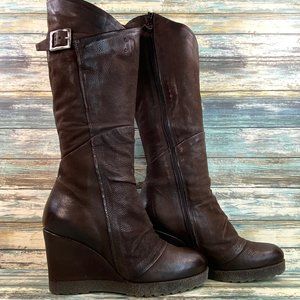 Miz Mooz Nifty Womens Size 7.5-8 Brown Leather Knee High Boot Wedge Heel Zip Up
